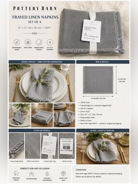 Pottery Barn Frayed Linen Napkins Gray Set of 4 22x22 NWT Table Linens